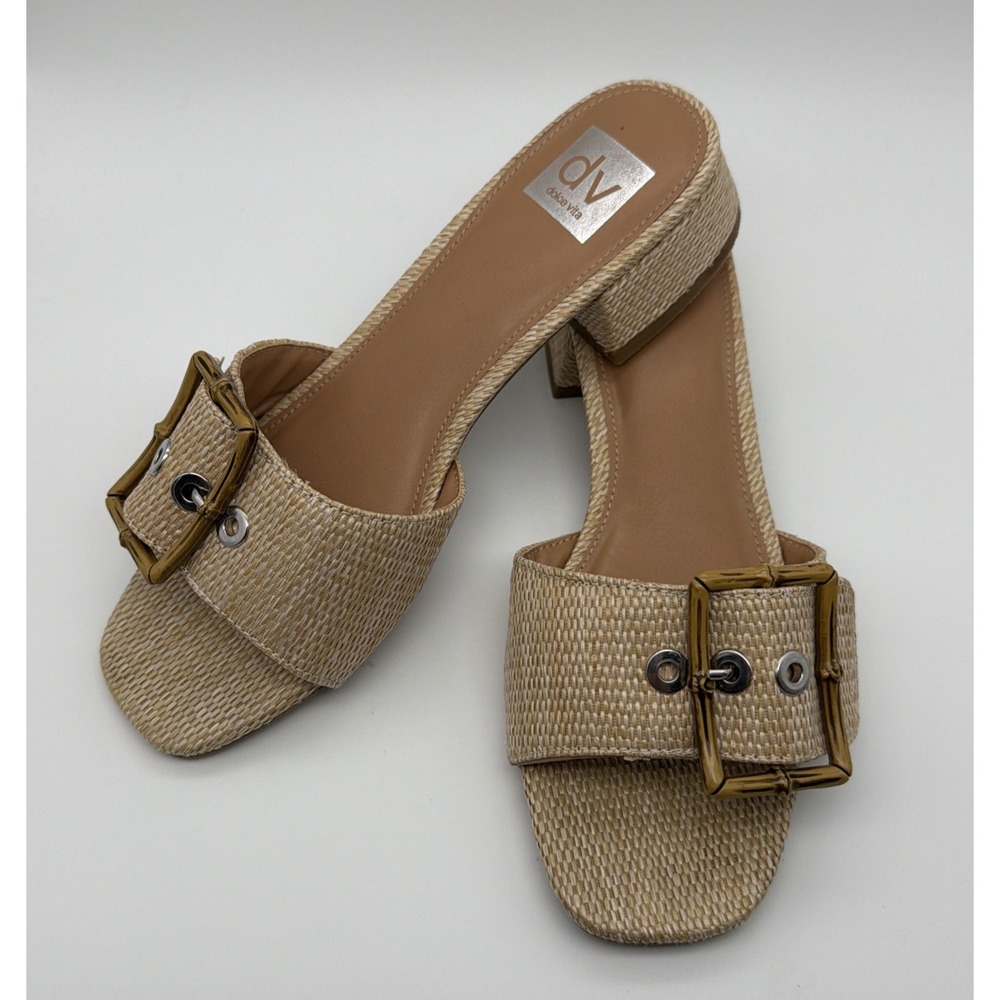 Dolce Vita Women's Beige Niece Raffia Woven Buckle Slip-On Slide Sandals 8.5